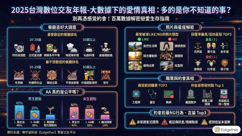《Eatgether》重磅發布「2025台灣交友年報」約會誰買單?45%男生願全額買單!約會餐廳怎麼選?「這類型」全面被拒! 《Eatgether》重磅發布「2025台灣交友年報」約會誰買單?45%男生願全額買單!約會餐廳怎麼選?「這類型」全面被拒!